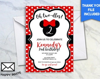 Oh Two-dles Birthday Invite 5x7 Digital Personalized Polka-dot Red Minnie 2nd Birthday #136.0