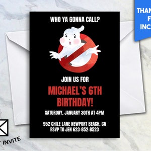 Ghost Buster Birthday Invite Invitation 5x7 Digital Who Ya Gonna Call? Personalized Party Red Anti Ghost Sign #192.0