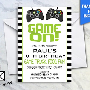 May include: A black and white striped invitation with a green and white "Game On!" graphic. The invitation is for Paul's 10th birthday party and includes a game truck, food, and fun. The party is on Saturday, October 25th from 1:00-3:00 PM. The address is 8 Dover Rd, Huntington Beach, CA 92637. RSVP to Heather at (714) 202-2233.