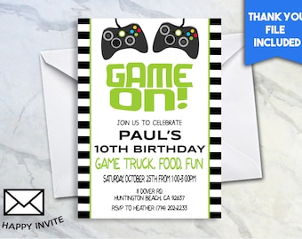 Game Truck Birthday Party Invite 5x7 Personalized Digital "Game On" Gaming Invitation, PS4, Xbox One, PC, Stripes, Controllers #76.0