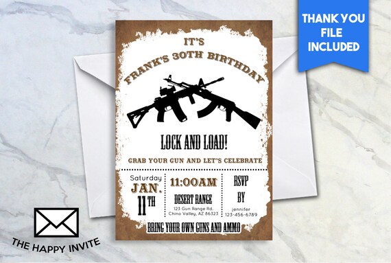 Men's Birthday Invite 5x7 Digital Personalized Gun Range AR15 AK47 Gun Range Invitation #398.0