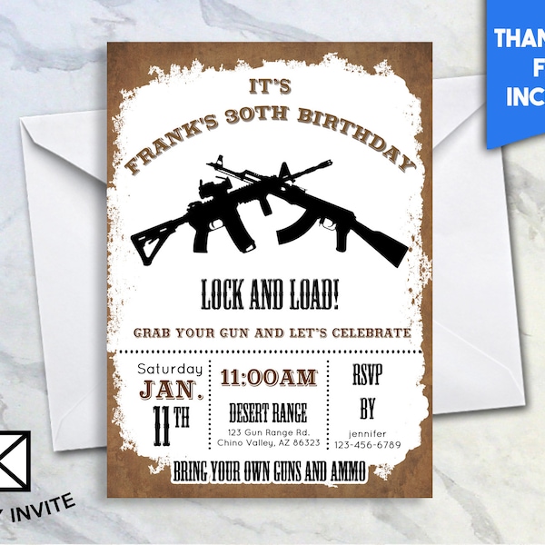 Men's Birthday Invite 5x7 Digital Personalized Gun Range AR15 AK47 Gun Range Invitation #398.0