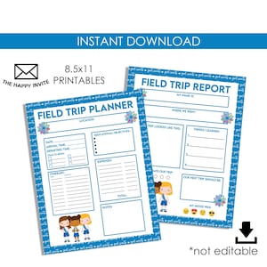 May include: Two printable 8.5x11 inch Girl Scout field trip planners and reports. The blue and white designs include spaces for location, itinerary, and educational objectives. The text "Instant Download" and "The Happy Invite Printables" are visible.