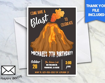 May include: A birthday invitation with a volcano erupting. The invitation is for Michael's 7th birthday party. The party is on October 20th at 3:00 pm at The Science Lab, 805 Volcano Dr., Providence, CA 85265. RSVP by October 13th to 623-526-2203.