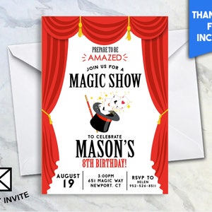 Magische Show Geburtstag einladen Einladung 5 x 7 personalisierte digitale vorbereiten zu erstaunt Hut Zauberstab Spielkarten #110.0