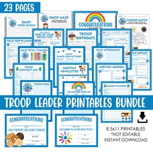 Puede incluir: Un paquete de 23 páginas imprimibles para líderes de tropa de Girl Scouts. Las páginas azules y blancas incluyen formularios para asistencia, informes de viaje y más. El texto "TROOP LEADER PRINTABLES BUNDLE" se muestra en letras azules grandes.