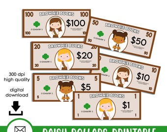 Brownie Bucks Digital Printable Kids Troop Scout Dollars Brown Troop Scouts Instant Download Prints