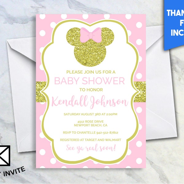 Pink Polk-Dot Gold Minnie Baby Shower 5x7 Digital Personalized Invitation Bracket White Bow Mouse Ears Cursive #268.0