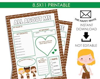 Brownie ALL ABOUT ME Page Coloring Activity Pages Printable Digital Instant Download 8.5x11 Scout Troops