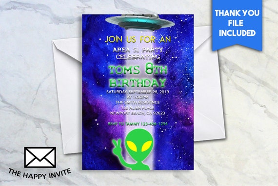 Alien Birthday Invite Area 51 UFO Party 5x7 Digital | Etsy