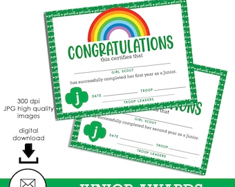 Junior END of Year Award Printable Certificate Template Digital 11x8.5 Instant Download Troop
