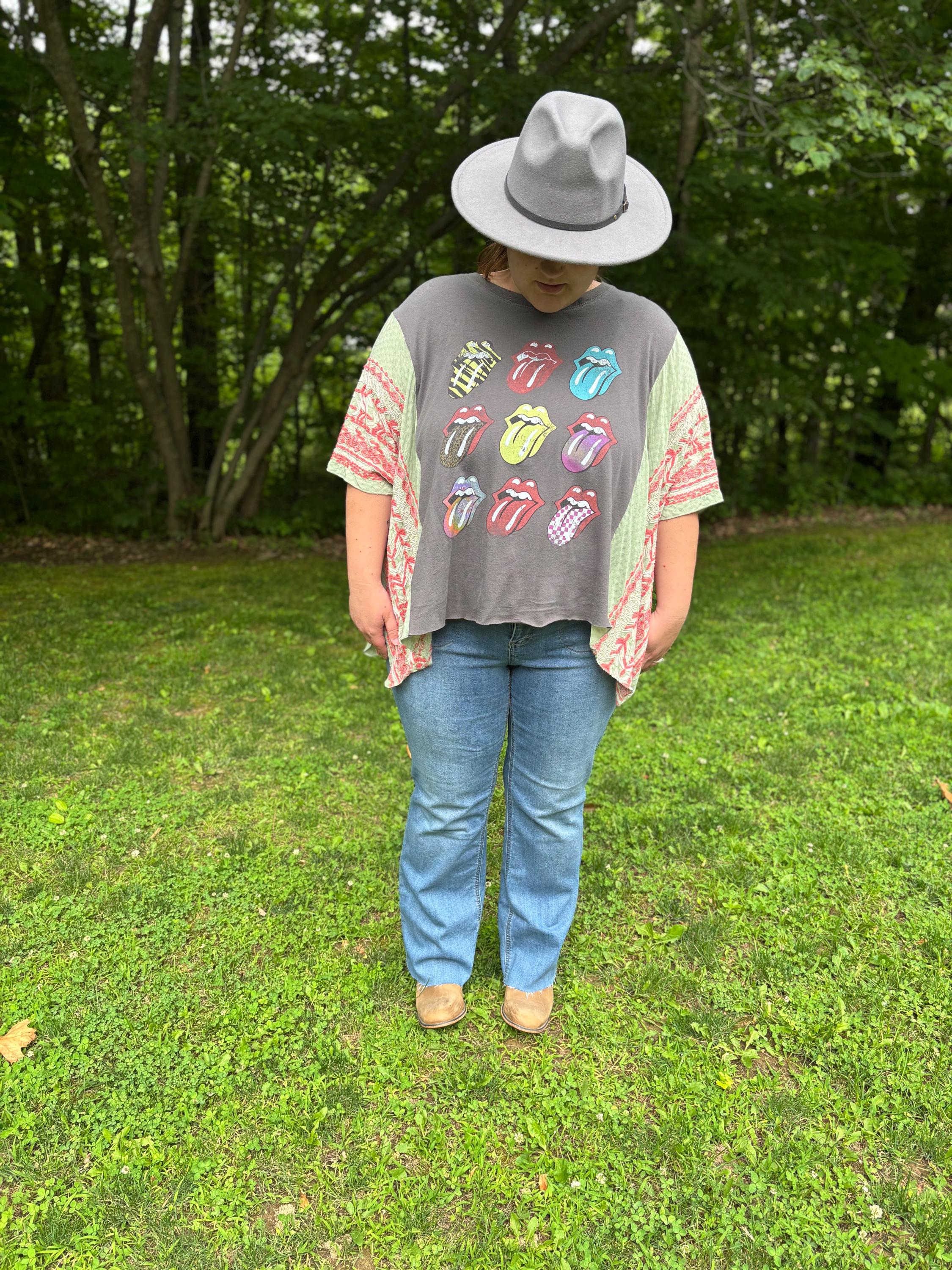 Refashioned Rolling Stones Upcycled Band Tee – Boho Patchwork Style, One of a Kind