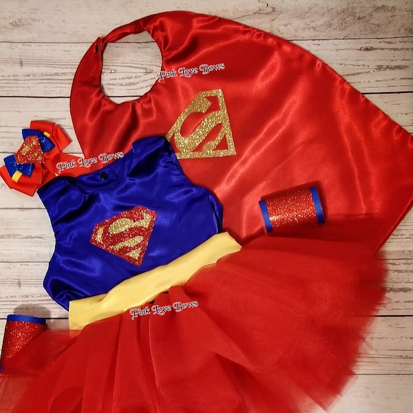 super girl tutu outfit birthday outfit costume superman red blue yellow dress super glitter super hero dress