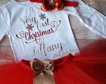 Sehr erste Weihnachten Tutu Outfit mit Stirnband Baby Mädchen Outfit Weihnachten Outfit rot Tutu mit gold Schleife