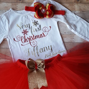 Very first christmas tutu outfit with headband baby girl outfit christmas outfit red tutu with gold bow