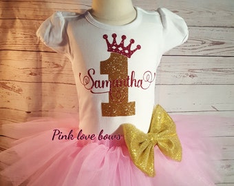 pink and gold 1st birthday tutu outfit glitter cute pink party first birthday gold princess crown cute