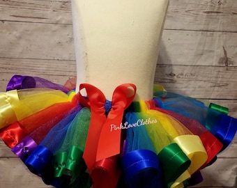 Rainbow tutu skirt with ribbon big puffy tutu skirt ribbon trim tutu