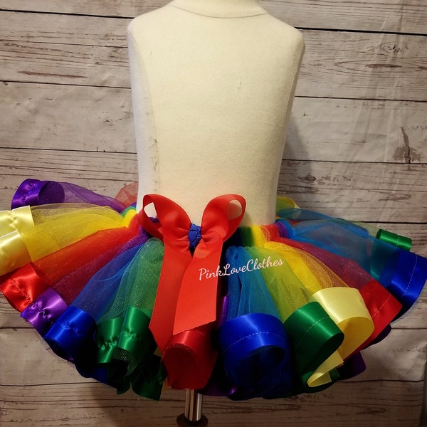 Rainbow tutu skirt with ribbon big puffy tutu skirt ribbon trim tutu