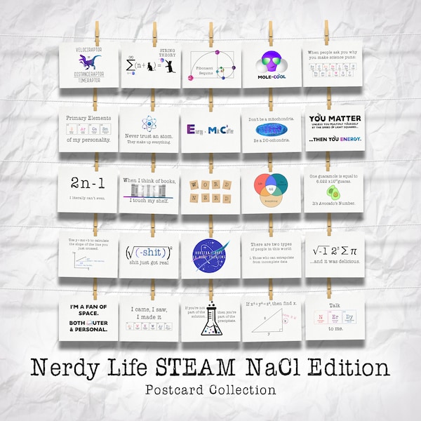 Nerdy Life STEAM NaCl Edition NEW 25-Card Expansion Pack Postcard Collection of Whimsical and Relatably Sarcastic Science Puns