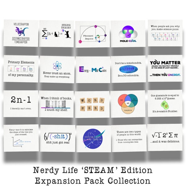 Nerdy Life STEAM Edition 20-Card Expansion Pack Postcard Collection of Whimsical and Relatably Sarcastic Science Puns