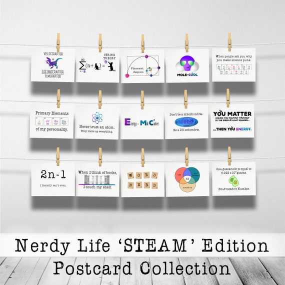Nerdy Life STEAM Edition 20-Card Expansion Pack Postcard Collection of Whimsical and Relatably Sarcastic Science Puns