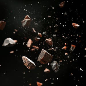 Può includere: Primo piano di pezzi di cioccolato marrone scuro di forma irregolare che cadono su uno sfondo nero.