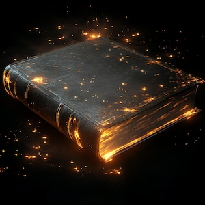 May include: A dark brown leather-bound book with gold accents and glowing edges. The book is on a black background with small sparks of light around it.