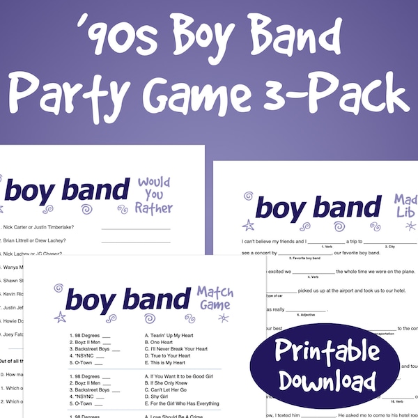 90s Boy Band Party Game Printable Pack | Bachelorette | Would You Rather Ad Lib Match Up Digital Download