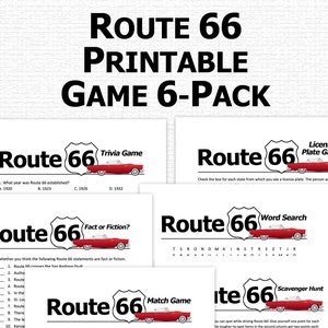 Route 66 Road Trip Game Printable Bundle Vacation Trivia Quiz Word Search Fact or Fiction Match Game PDF Kids Activity