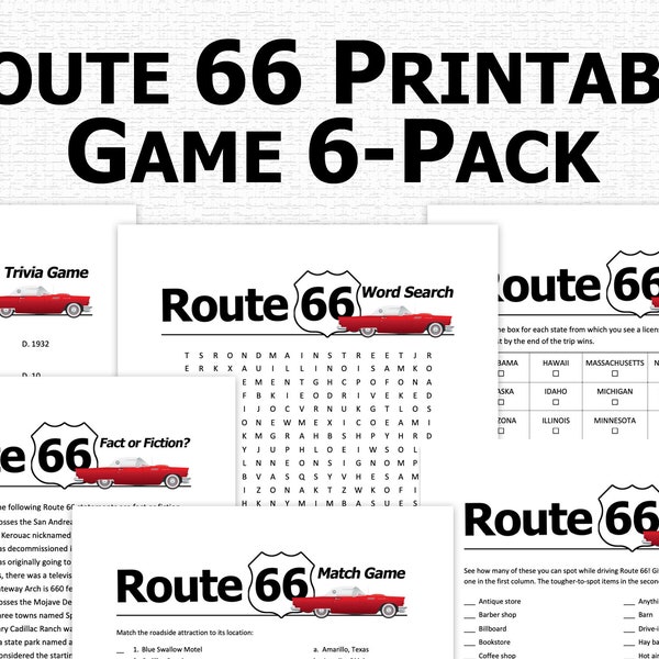 Route 66 Road Trip Game Printable Bundle Vacation Trivia Quiz Word Search Fact or Fiction Match Game PDF Kids Activity