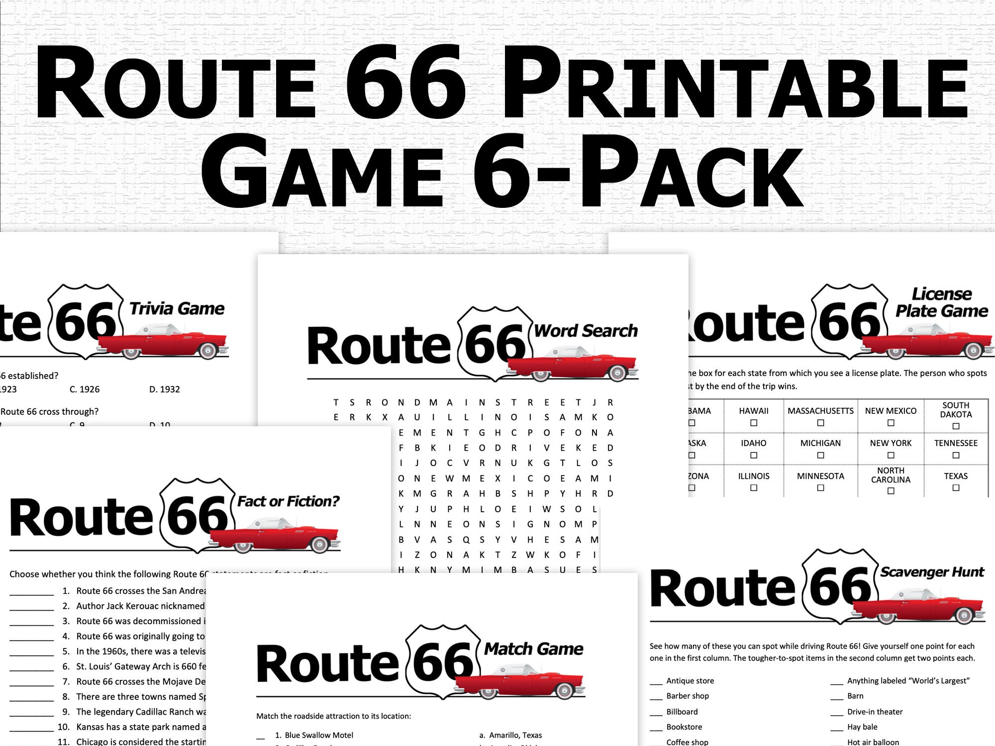 Route 66 Road Trip Game Printable Bundle Vacation Trivia Quiz Word ...