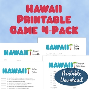 Hawaii Vacation Printable Party Game Trivia Quiz Word Scamble Fact or Fiction Match Game PDF Kids Activity Bundle