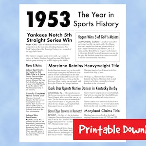 May include: A printable chart highlighting major sports events of 1953, including the Yankees' 5th World Series win, Hogan's 3 golf majors, Marciano's heavyweight title defense, and Native Dancer's Kentucky Derby loss. The chart also features news and notes about the Lakers' NBA title, Maureen Connolly's Grand Slam, and the Indiana Hoosiers' NCAA basketball championship.