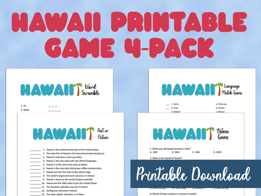 Hawaii Vacation Printable Party Game Trivia Quiz Word Scamble Fact or ...