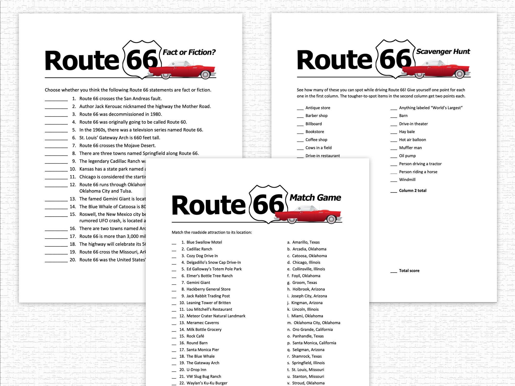 Route 66 Road Trip Game Printable Bundle Vacation Trivia Quiz Word