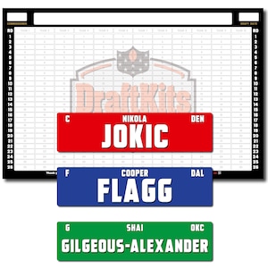 May include: A sports draft kit with a grid layout and the text "Draft Kits." Three nameplates are visible: Nikola Jokic (DEN), Cooper Flagg (DAL), and Shai Gilgeous-Alexander (OKC). The nameplates are red, blue, and green.