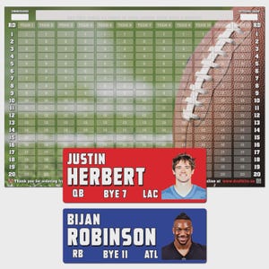 May include: A green and white football draft board with a football graphic. Includes red and blue name tags with player photos and information. The red tag says "Justin Herbert, QB, BYE 7, LAC". The blue tag says "Bijan Robinson, RB, BYE 11, ATL".
