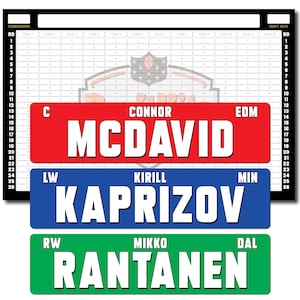 May include: A fantasy hockey draft board featuring a grid with numbered rounds and team columns. Three rectangular player labels are layered on top: a red label for Connor McDavid, a blue label for Kirill Kaprizov, and a green label for Mikko Rantanen.