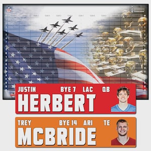 May include: A sports-themed graphic featuring an American flag, fighter jets, and football player busts. Two nameplates read "JUSTIN HERBERT" and "TREY MCBRIDE" with team and position information. The background includes a grid for tracking game data.