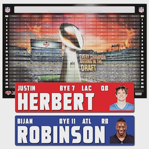 May include: A fantasy football draft board with a stadium backdrop and a Super Bowl trophy. Includes player name banners for Justin Herbert and Bijan Robinson. The text "Every Champion Begins in the Draft" is also visible.