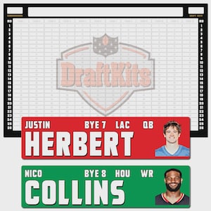 May include: A black and white DraftKits football draft board with a red banner for Justin Herbert and a green banner for Nico Collins. The board has a grid for tracking player selections.