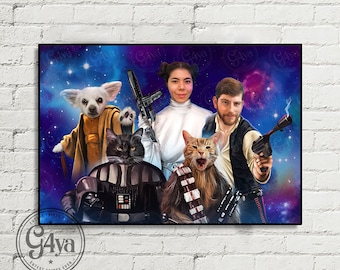 May include: A digital painting of a group of people and pets dressed as characters from Star Wars. A woman is dressed as Princess Leia, a man is dressed as Han Solo, a dog is dressed as Yoda, a cat is dressed as Darth Vader, and a cat is dressed as Chewbacca. The background is a galaxy with stars.