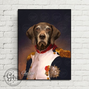May include: A brown and white dog wearing a military uniform with gold trim and a red sash. The dog is looking directly at the viewer. The dog's name, "Chelsea", is written below the image.