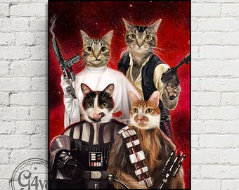 May include: Four cats dressed as Star Wars characters. A tabby cat dressed as Princess Leia, a brown tabby cat dressed as Han Solo, a black and white cat dressed as Darth Vader, and an orange tabby cat dressed as Chewbacca. The cats are posed in front of a red and black background with stars.