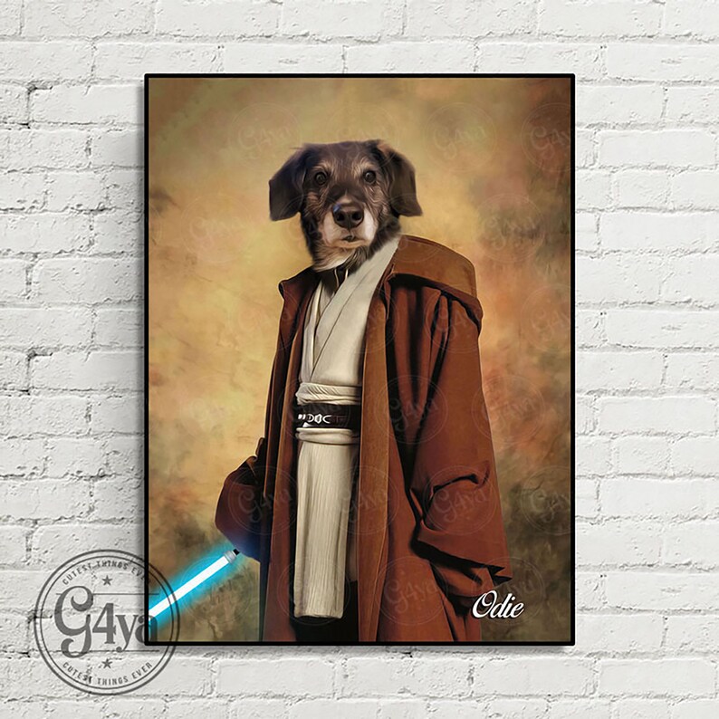 May include: A brown and white dog dressed as a Jedi Knight with a blue lightsaber. The dog is wearing a brown robe and a white belt. The background is a brown and yellow watercolor wash. The dog's name is "Odie".