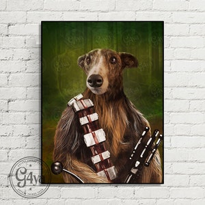 May include: A brown and white dog dressed as Chewbacca from Star Wars. The dog is wearing a brown fur costume with a bandolier and a black mechanical arm. The background is a green forest.