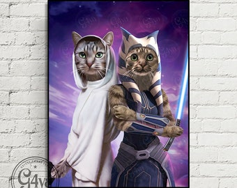 May include: Two cats dressed as Star Wars characters. The cat on the left is dressed as a Jedi Knight in a white robe. The cat on the right is dressed as a Jedi Master in a blue and black robe. The background is a purple and blue galaxy.