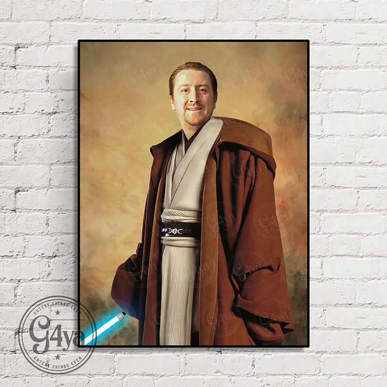 May include: A digital painting of a person dressed as a Jedi Knight from Star Wars. The person is wearing a brown robe with a white undergarment and a black belt. The person is holding a blue lightsaber in their right hand. The background is a light brown color.