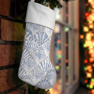 Coastal Shell Holiday Stocking in White Blue and Gold