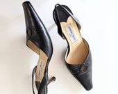 VINTAGE 90s JIMMY CHOO Black Leather Kitten Heel Slingback Pumps, Made in Italy